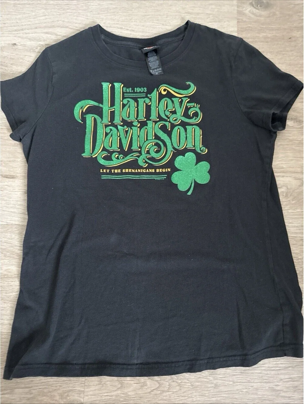 Harley Davidson Womens T Shirt Black Size M Medium Shenanigans St Patrick’s Day